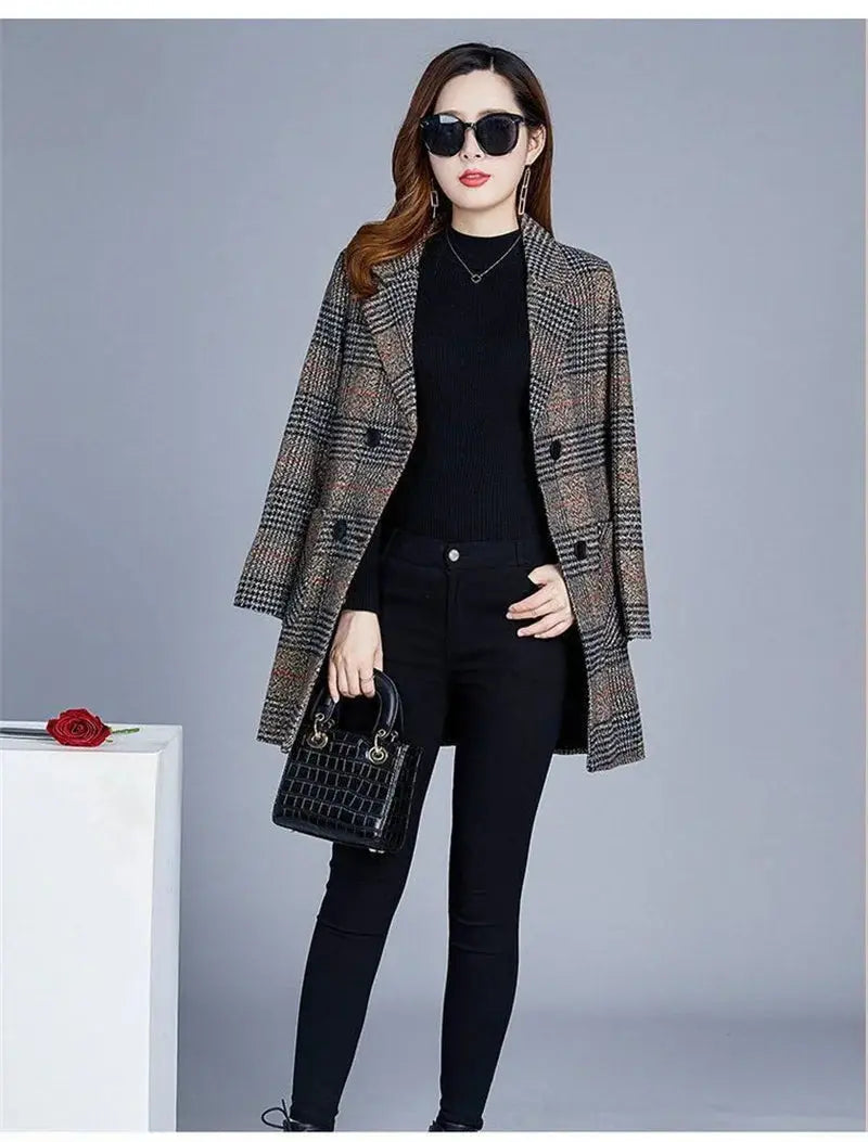 TrenLux Wear Women's Plaid Woolen Overcoat — Elegant Double-Breasted Autumn Winter Coat TrenLux Wear