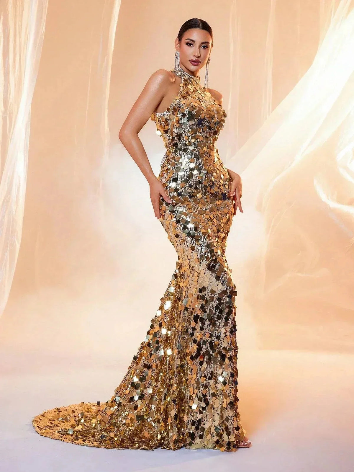 Brown Sequin Halter Backless Maxi Evening Dress - TrendLux Wear
