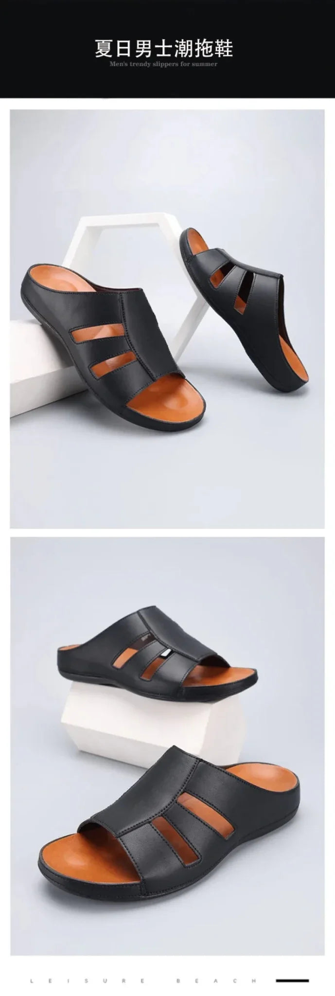 Men's luxury handmade leather peep-toe slippers by TrendLux Wear, casual beach slides in EU sizes 40 to 46.