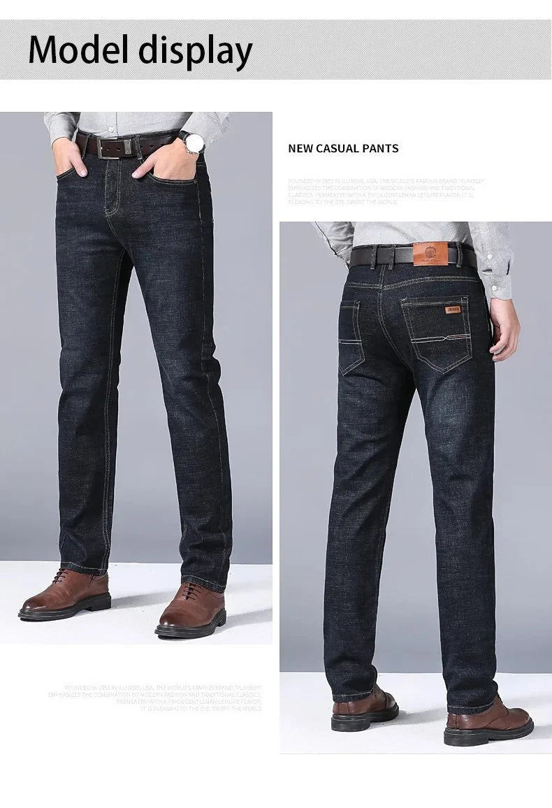 Men's slim fit black biker jeans by TrendLux Wear with a classic straight leg design, available in sizes 30 to 38.