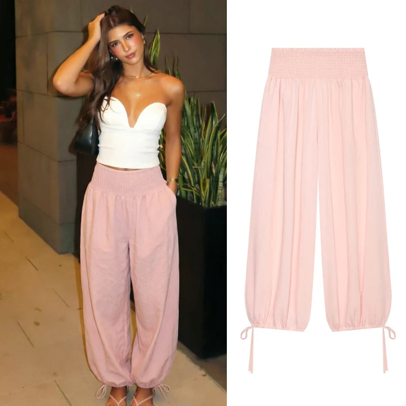 TrendLux Women's Pink High Waist Wide Leg Balloon Pants – Casual Summer Trousers