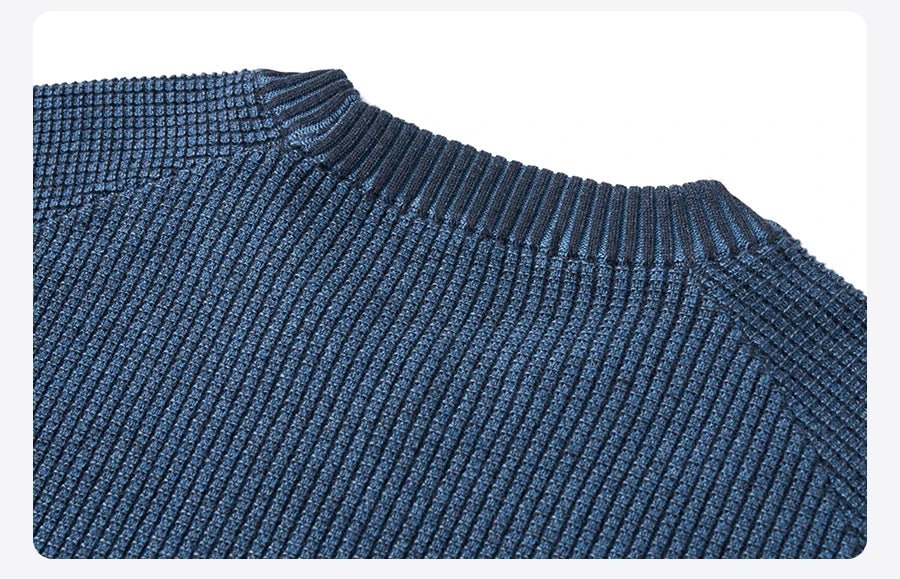 Men's oversized waffle-knit crewneck sweater in Heather Denim Blue by TrendLux Wear, casual pullover with textured knit fabric.