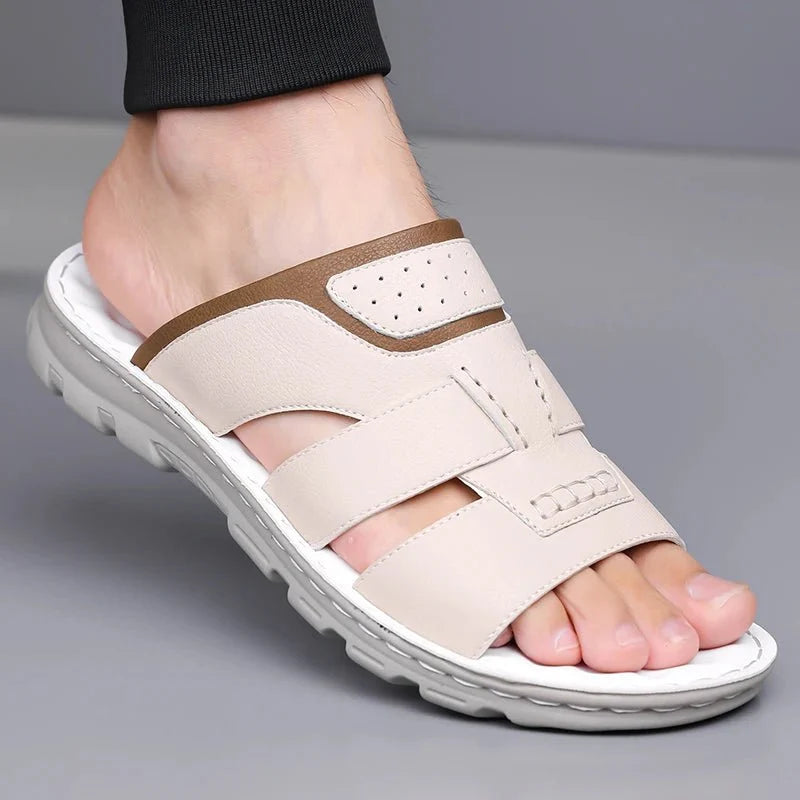 Men's handmade leather half-drag slippers by TrendLux Wear, lightweight outdoor slides in EU sizes 38-58, shown from side view.