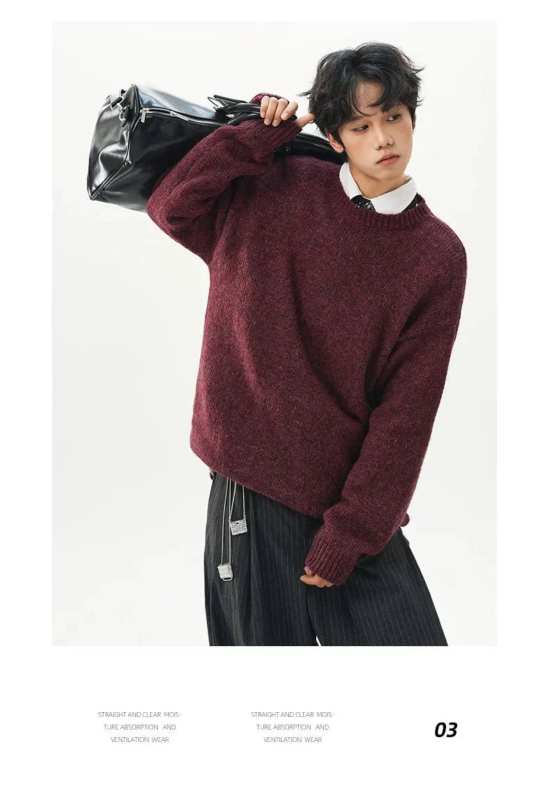 Men's oversized round neck pullover sweater by TrendLux Wear in warm polyester knit, shown in three color options.