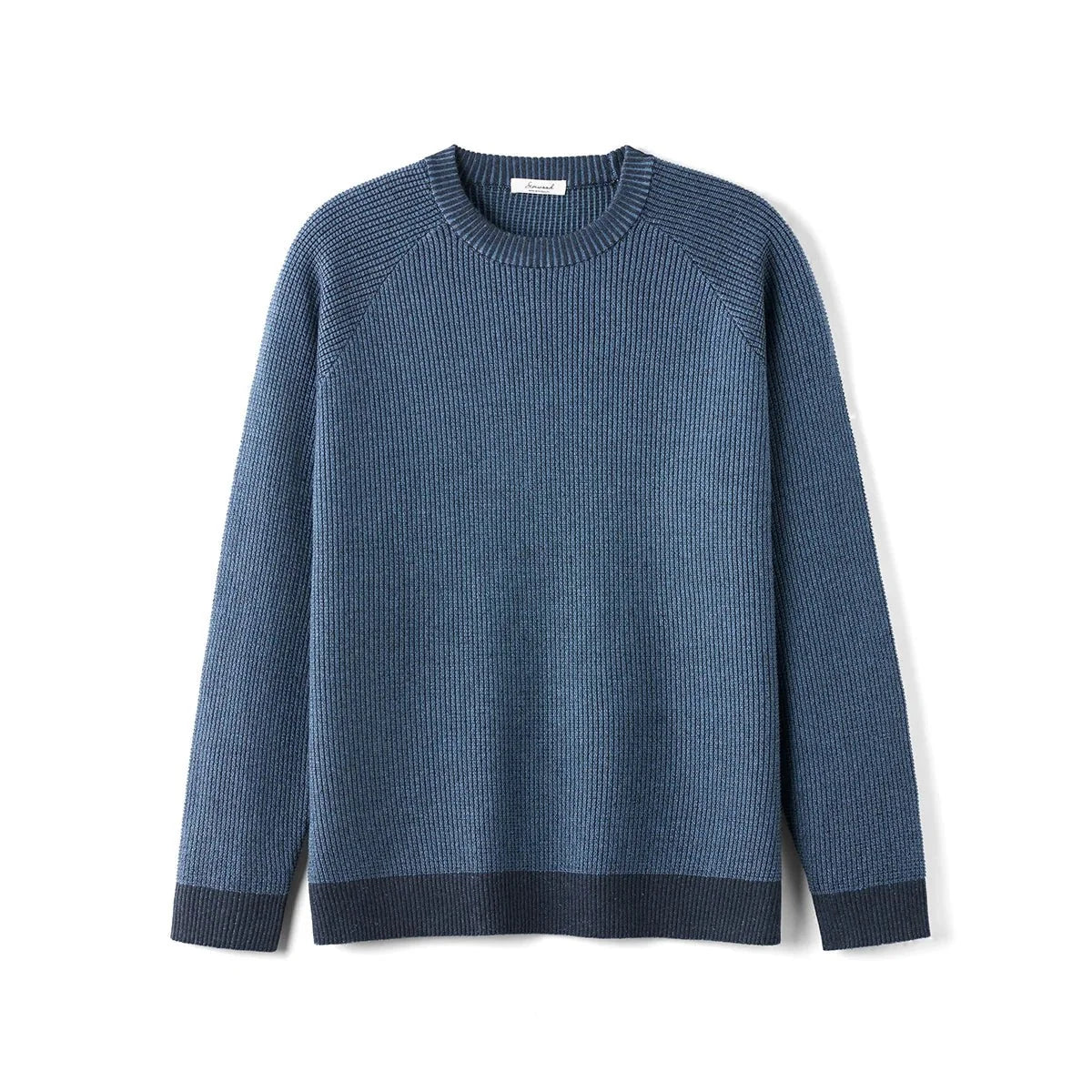 Men's oversized waffle-knit crewneck sweater in Heather Denim Blue by TrendLux Wear, casual pullover with textured knit fabric.