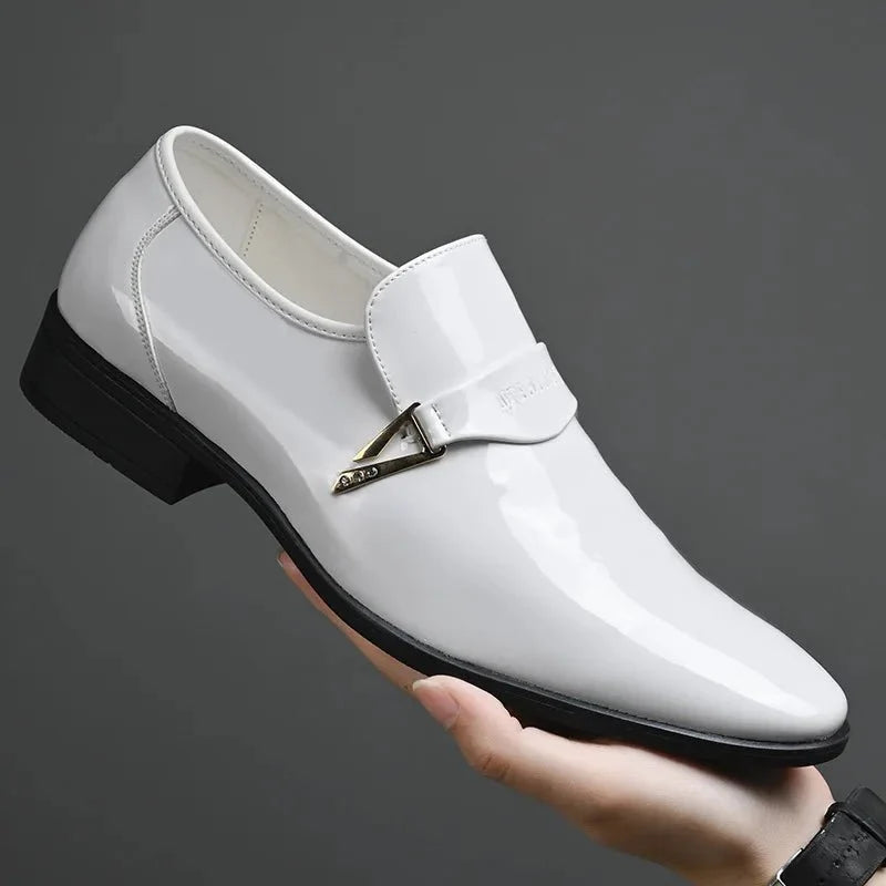 Men's patent leather pointed toe loafers by TrendLux Wear, slip-on Oxford dress shoes for business casual and formal occasions.