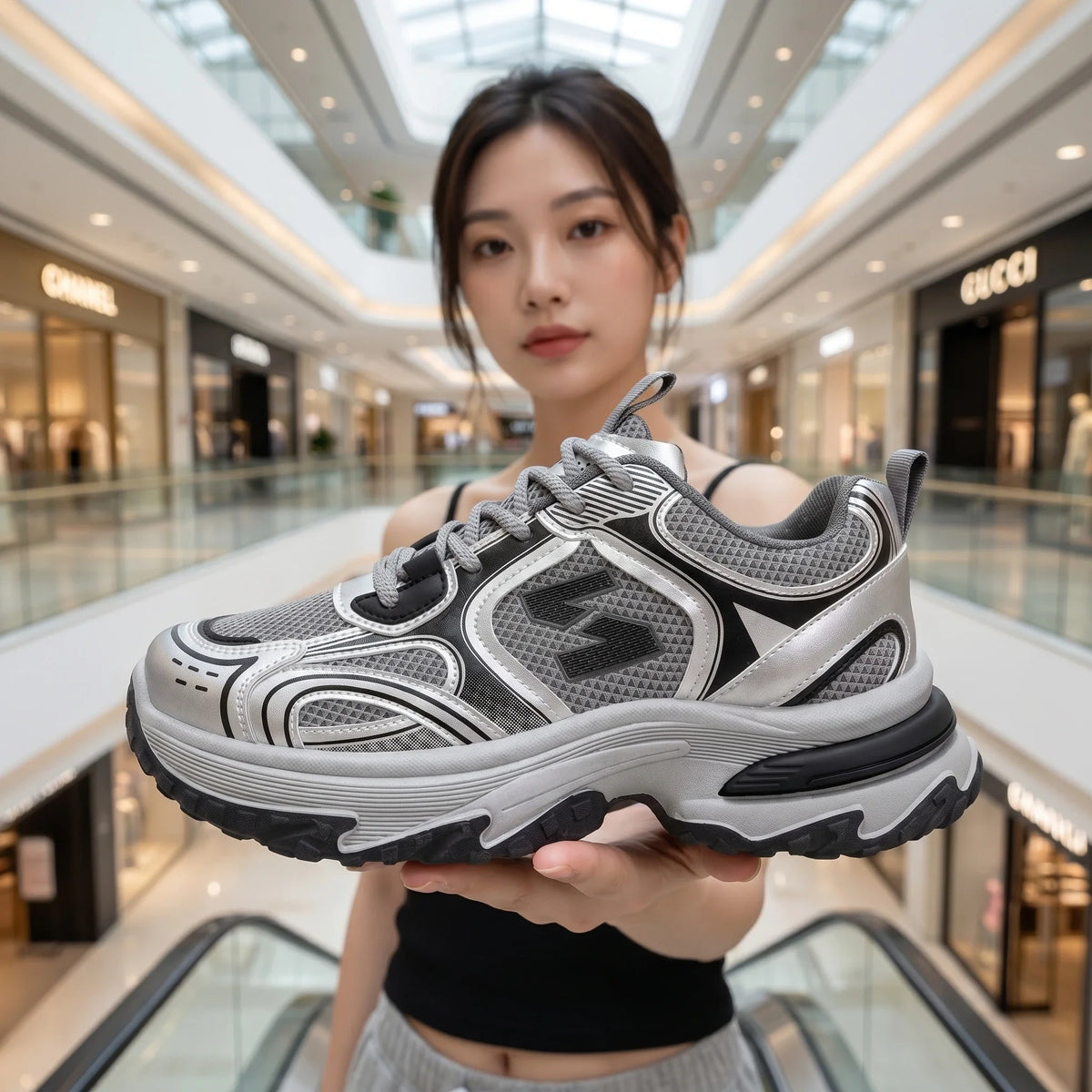 Men's chunky dad sneakers with mesh and leather upper in beige, gray, and silver by TrendLux Wear.
