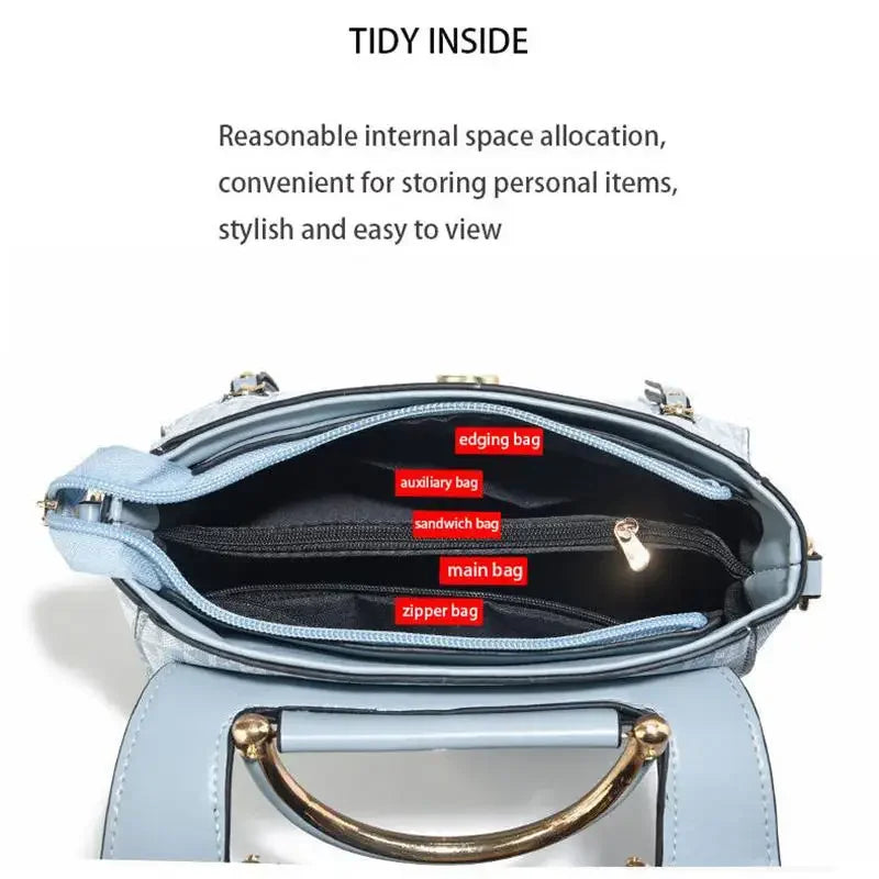 Light blue handbag with a soft texture, featuring multiple internal compartments and a stylish gold handle.