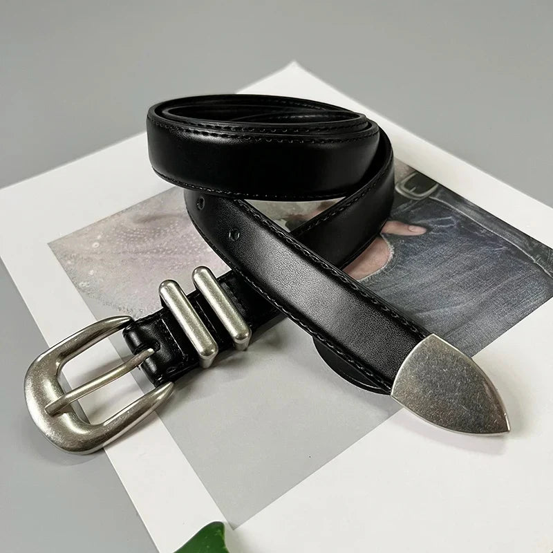 Women's real leather jeans belt by TrendLux Wear, featuring a classic buckle and durable leather strap, suitable for casual or stylish outfits.