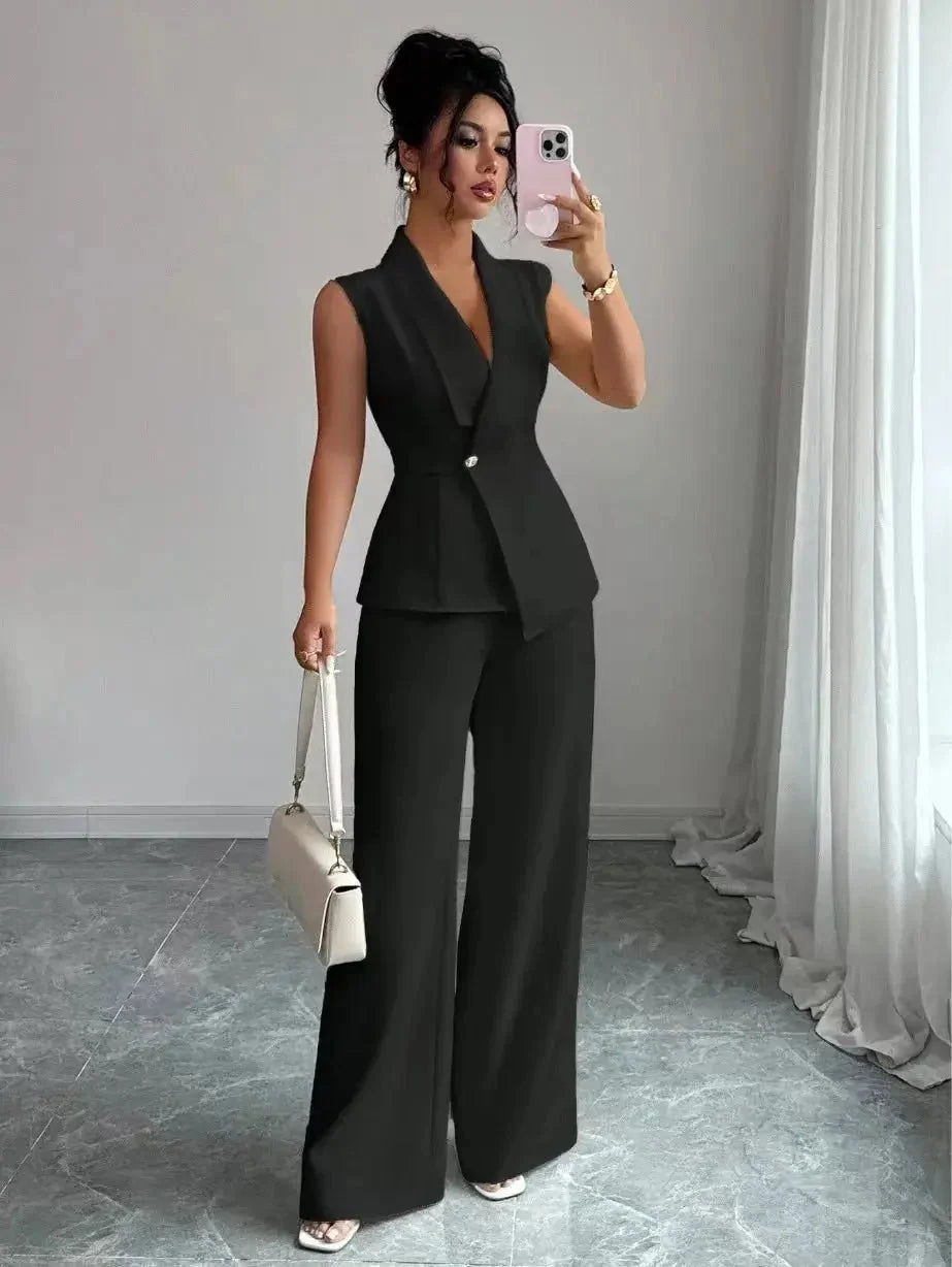 Women's spring sleeveless 2-piece suit by TrendLux Wear, featuring a stylish top and matching pants in a fresh, vibrant design.