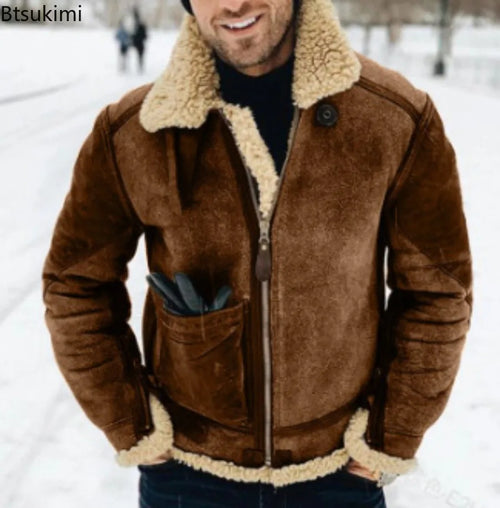 Men's Faux Leather Suede Fur-Lined Winter Jacket – Turn Down Collar Coat