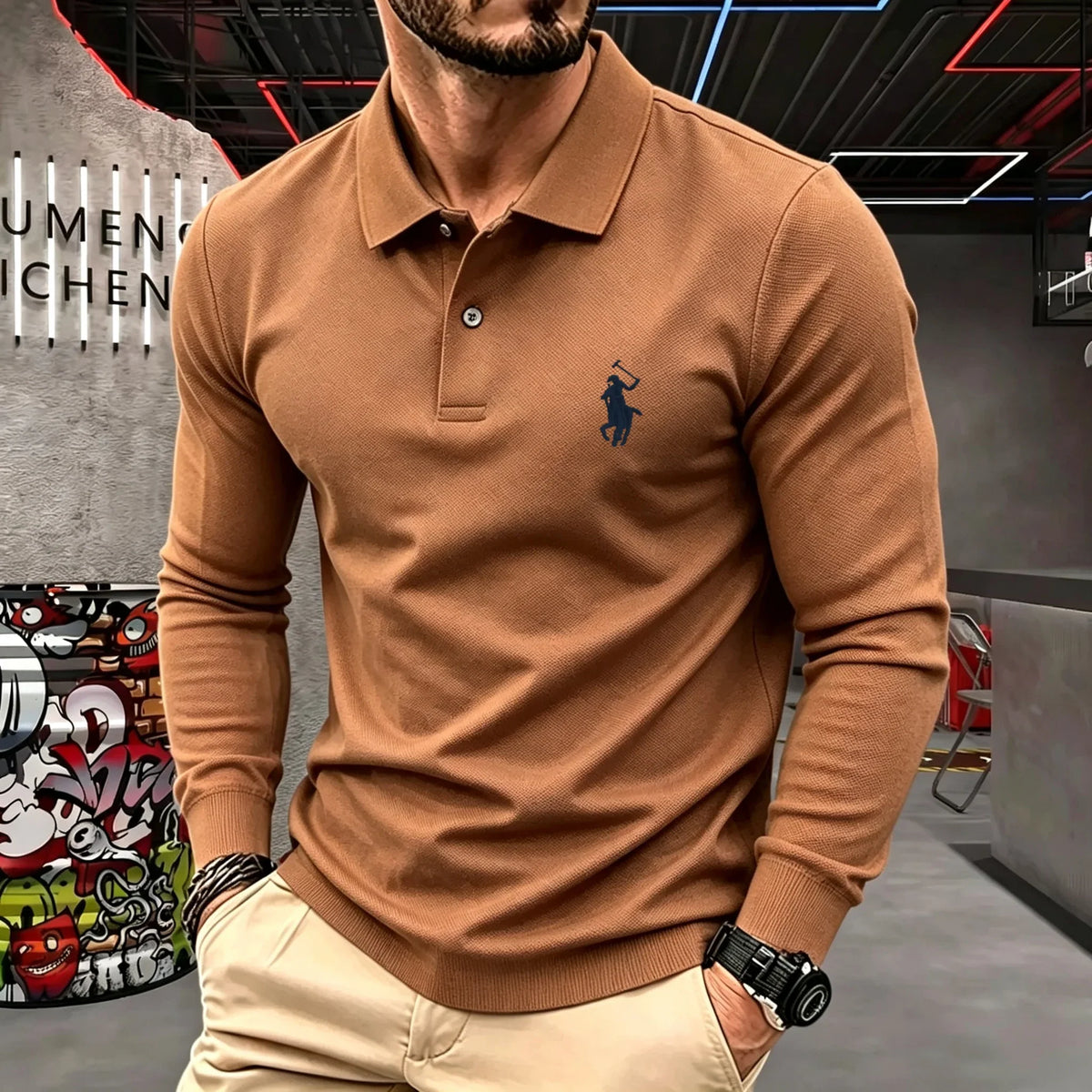 Men's Cotton Long-Sleeve Polo Shirt