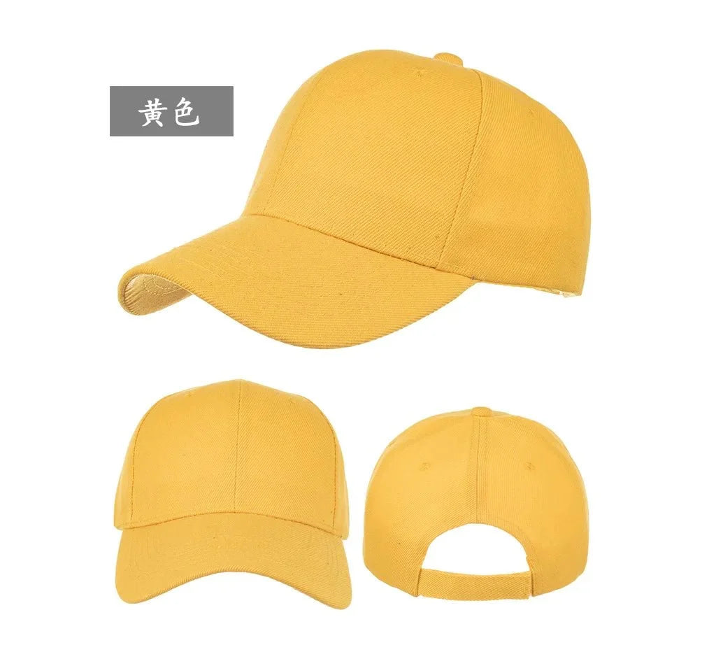 Unisex solid color baseball cap by TrendLux Wear, 5-panel structured hat with adjustable strap in various colors, front view.