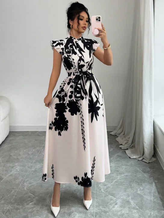 TrenLux Wear Women's Polyester Black & White Patchwork Sash Ball Gown Dress The Glow Sanctuary