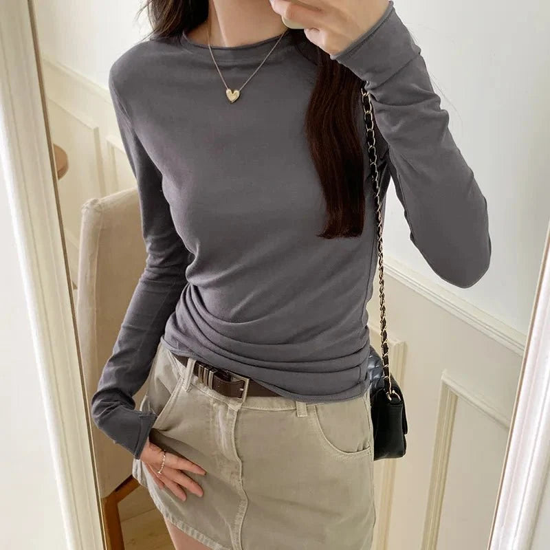 TrenLux Wear women's spring autumn long sleeve solid slim fit O-neck T-shirt, casual streetwear top in high-quality fabric.