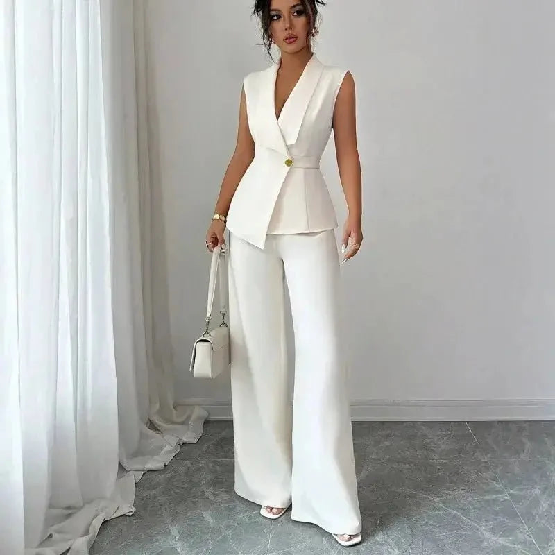 Women's spring sleeveless two-piece suit by TrendLux Wear, featuring a stylish top and matching pants for a fresh look.