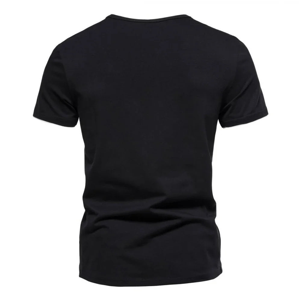 Men's slim fit Henley T-shirt by TrendLux Wear, moisture-wicking and breathable, in black, white, and grey, available in sizes S–3XL.