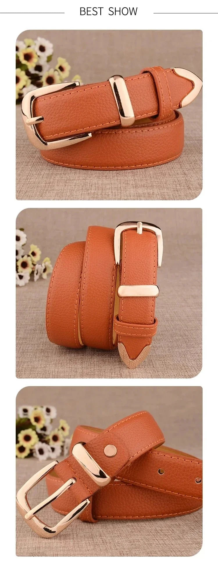 Women's vintage-style PU leather trouser belt with a pin buckle from TrendLux Wear, featuring a classic design and durable material.