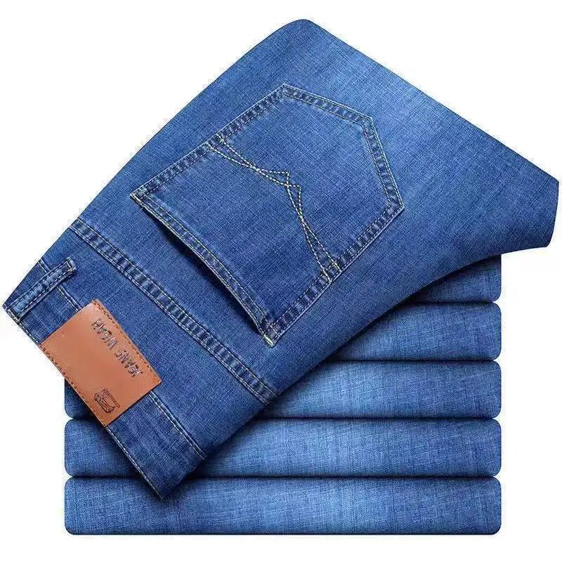 Men's TrendLux Wear elastic straight leg jeans in classic blue and black, casual work denim in sizes 28–40.