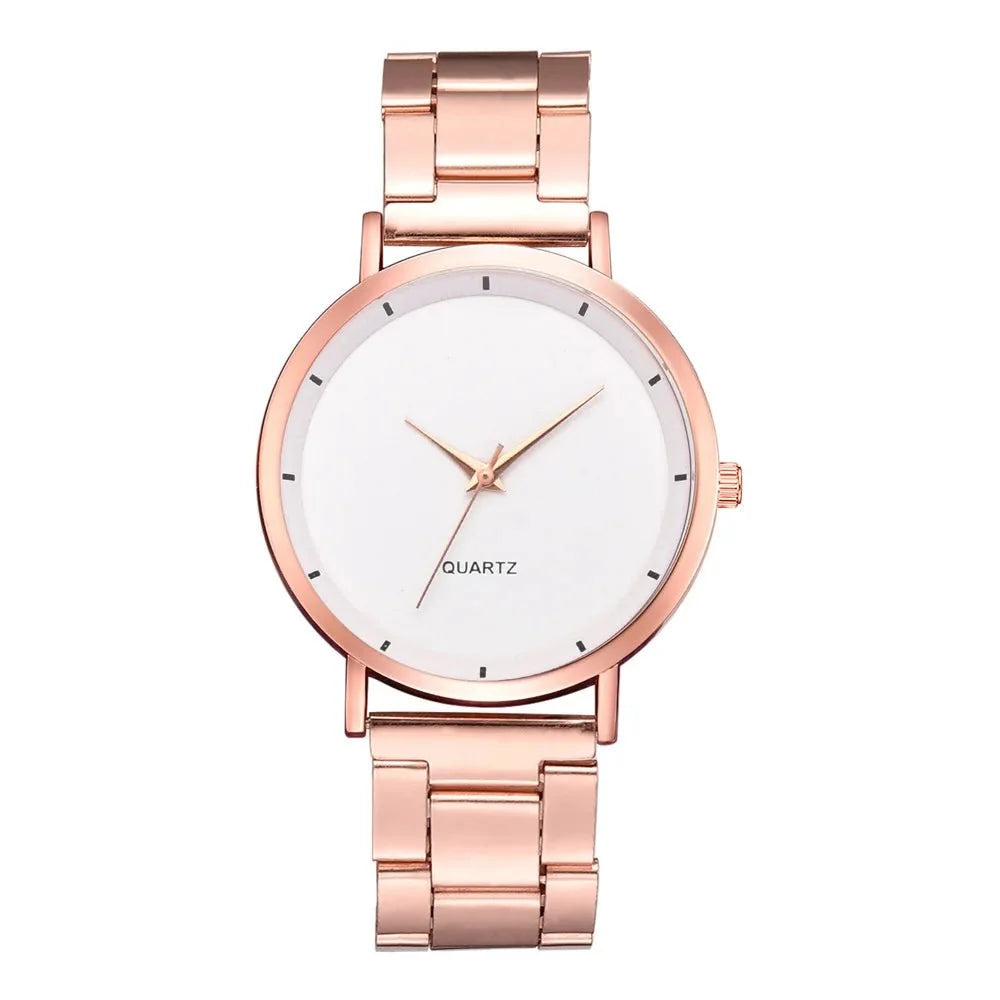 Women's rose gold stainless steel watch by TrendLux Wear, featuring a sleek round dial and elegant design.
