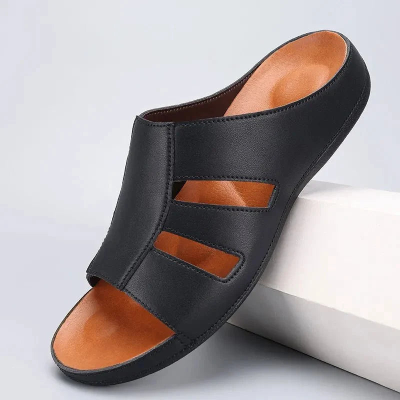 Men's luxury handmade leather peep-toe slippers by TrendLux Wear, casual beach slides in EU sizes 40-46, featuring soft leather design.