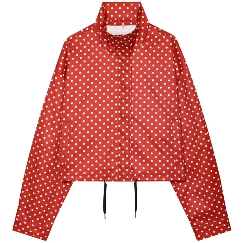 Women's TrenLux Wear polka dot bomber jacket with oversized fit, long sleeves, zip-up front, and aviator style outerwear.