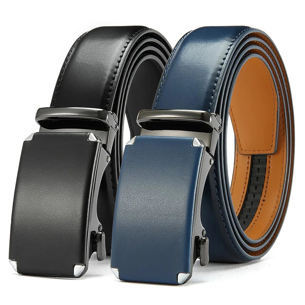 Men's leather ratchet belt with automatic buckle and adjustable waistband, TrendLux Wear, 105–135cm length.