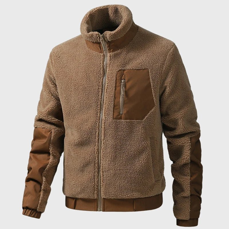 Men's vintage patchwork fleece zip-up jacket with stand collar, TrendLux Wear streetwear coat, casual and stylish outerwear.