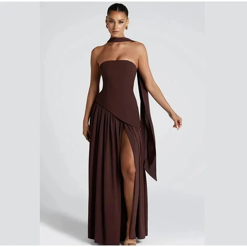 Women's Strapless Backless Maxi Dress with Ribbon Scarf - TrendLux Wear