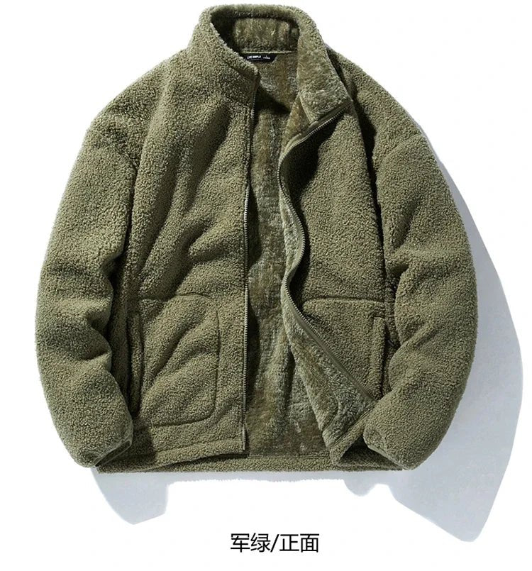 Men's loose fleece streetwear jacket with stand collar in plus sizes from TrendLux Wear, shown in a comfortable, casual fit.