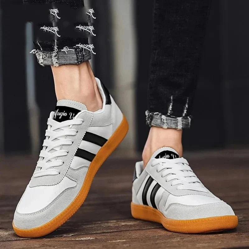 Men's thick-sole board sneakers by TrendLux Wear featuring striped casual design and comfortable, fashionable footwear.