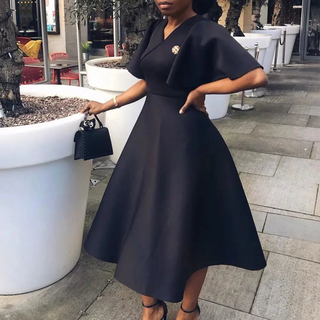 TrenLux Wear Women's Polyester High Waist Flare Sleeve Pleated A-Line Midi Dress The Glow Sanctuary