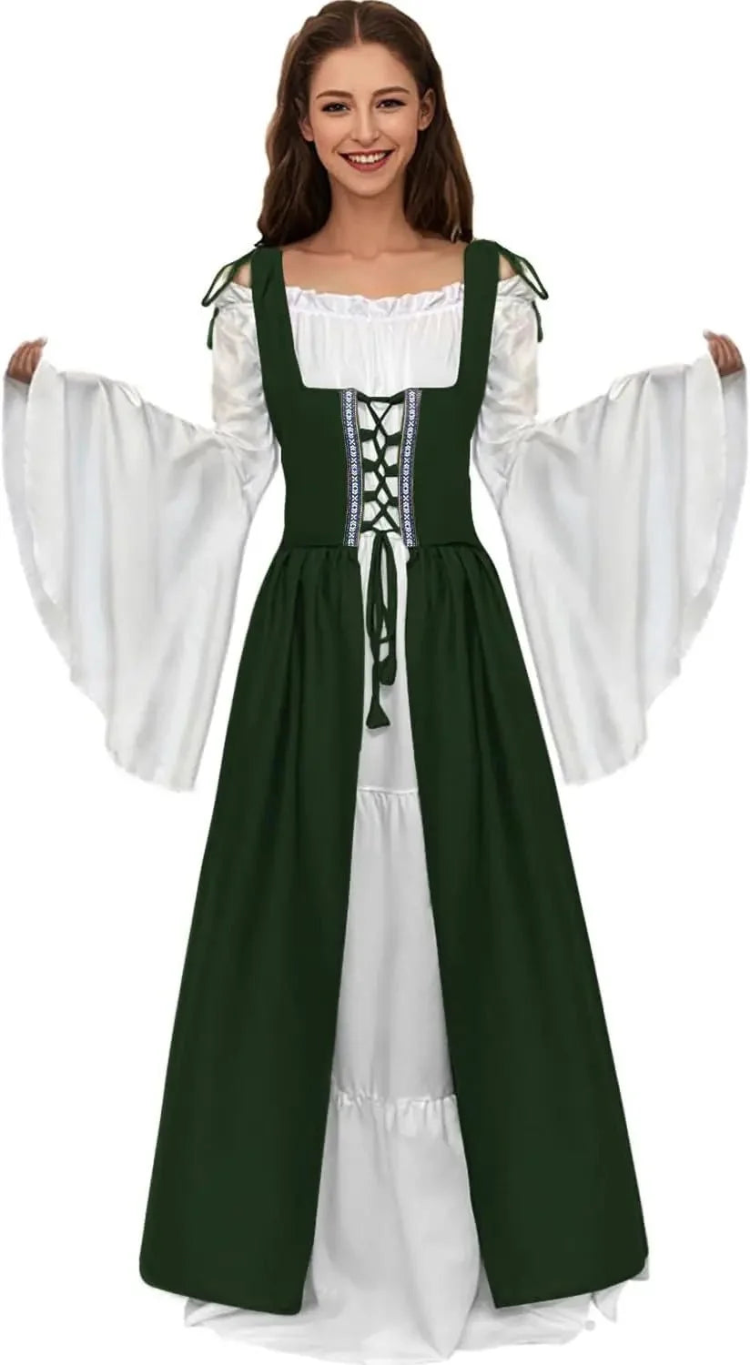 Women's polyester medieval Renaissance Faire costume dress with flowing design and intricate details, perfect for historical reenactments.