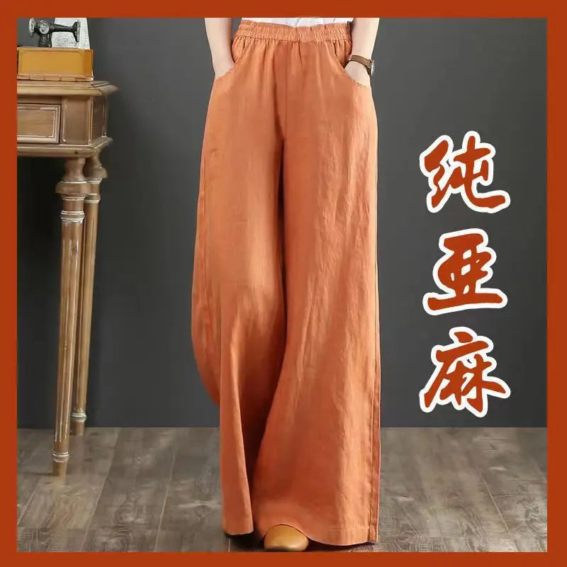 TrendLux Women's Linen Cotton Casual Trousers – Elastic Waist Wide Leg Pants