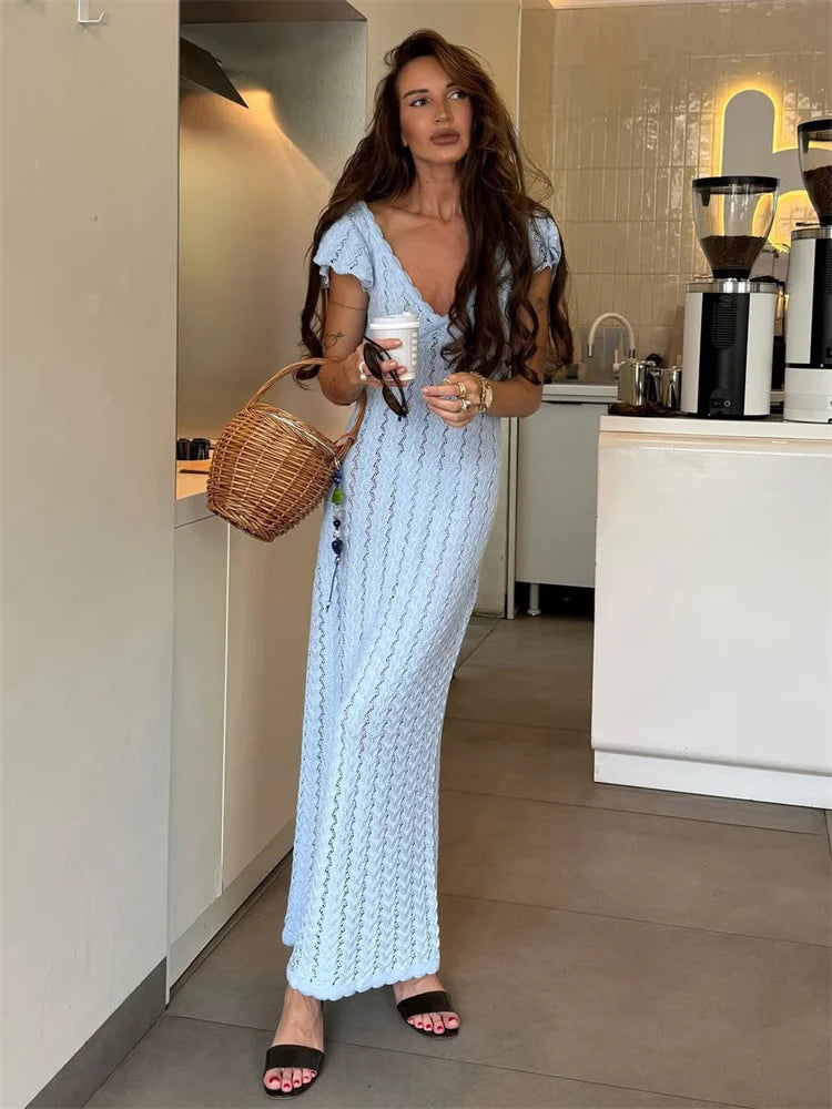 Ruffled V-Neck Hollow-Out Knit Maxi Dress