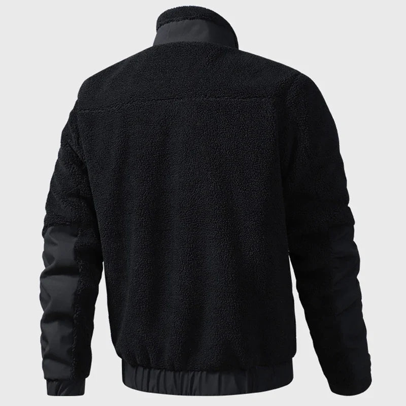 Men's vintage patchwork fleece zip-up jacket with stand collar, TrendLux Wear streetwear coat, casual and stylish outdoor layer