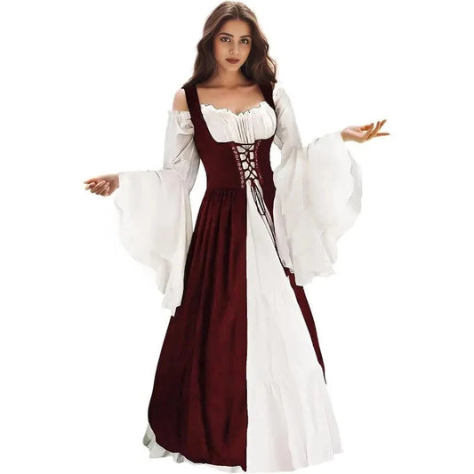 Women's polyester medieval renaissance faire costume dress featuring a flowing design and intricate details, ideal for historical reenactments.