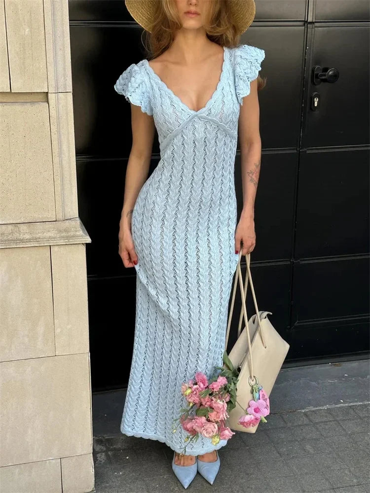Ruffled V-Neck Hollow-Out Knit Maxi Dress