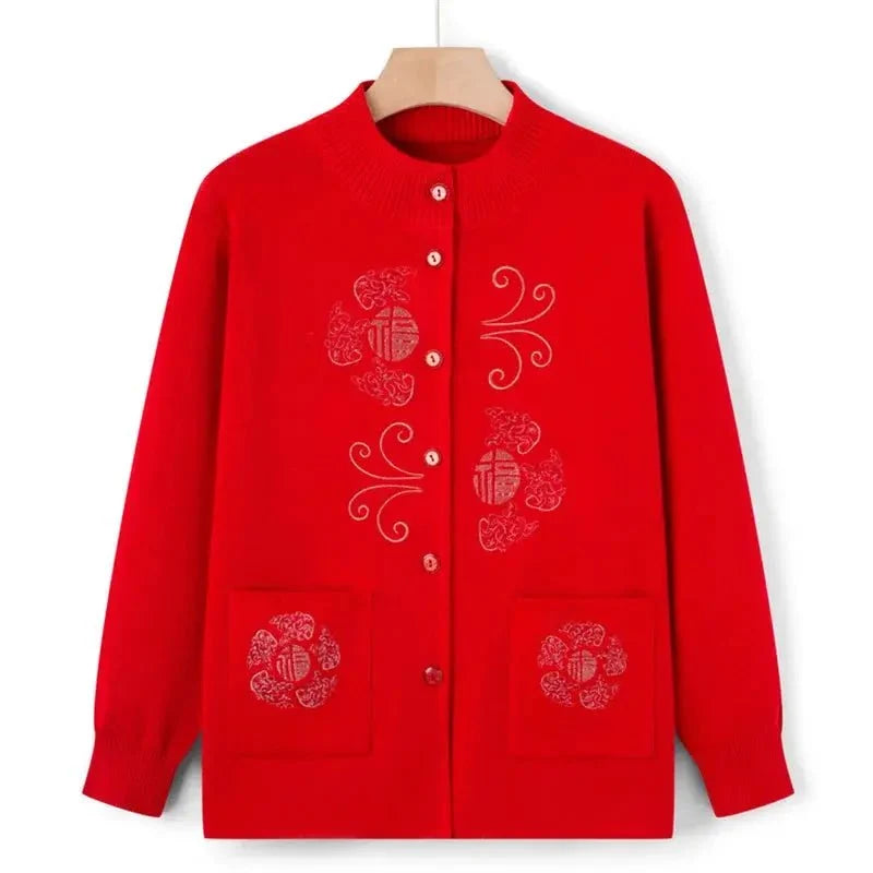 Women's vintage printed knit cardigan coat by TrendLux Wear, featuring colorful patterns and cozy knitwear design.