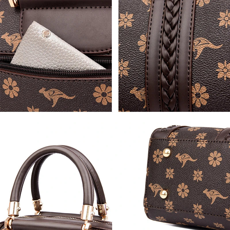 Brown shoulder handbag with floral and animal print, featuring braided detailing and gold-tone hardware.