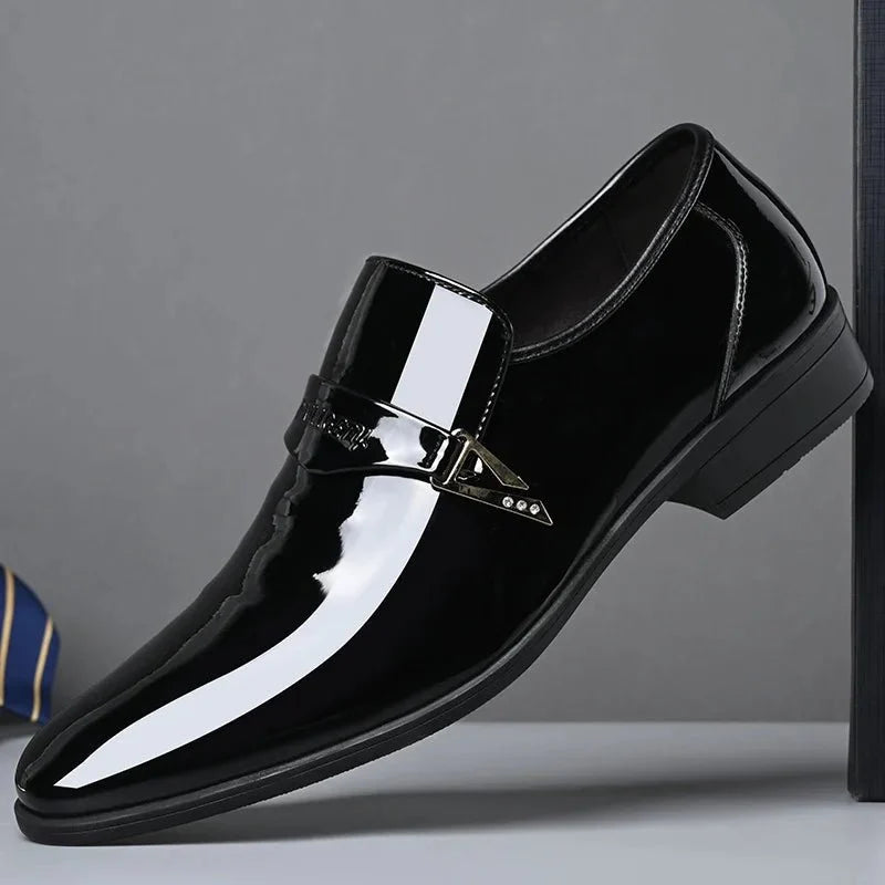 Men's TrendLux Wear patent leather pointed toe loafers, slip-on dress shoes for business casual and formal occasions.