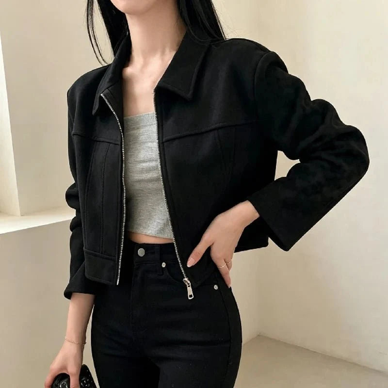Women's retro lapel zip jacket by TrendLux Wear, slim fit patchwork short coat for spring and fall, office outerwear in various sizes