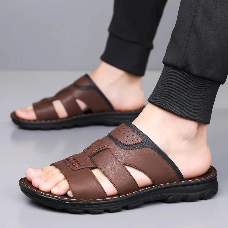 Men's handmade leather half-drag slippers by TrendLux Wear, lightweight outdoor slides in EU sizes 38-58, with a comfortable open-toe design.
