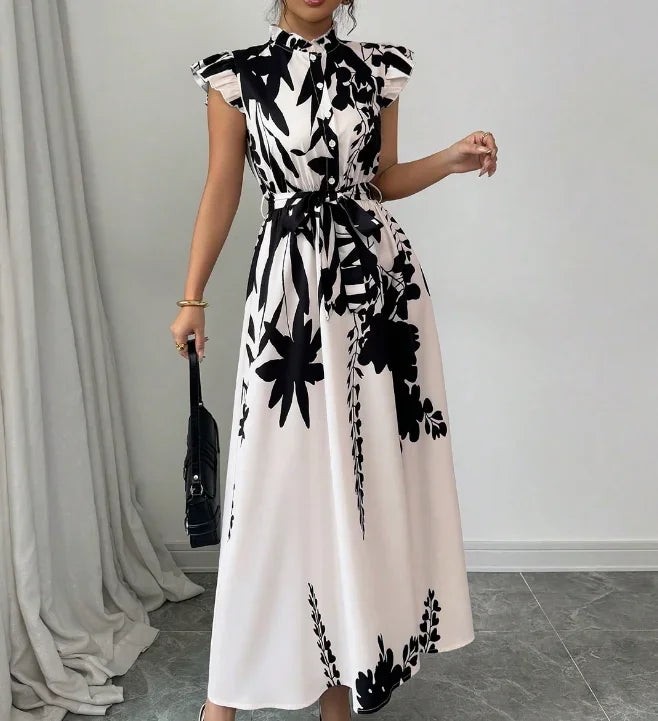 TrenLux Wear Women's Polyester Black & White Patchwork Sash Ball Gown Dress The Glow Sanctuary