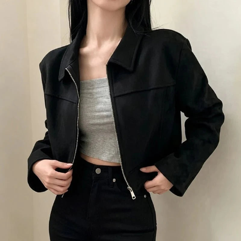 Women's retro lapel zip jacket by TrendLux Wear, slim fit patchwork short coat in spring and fall outerwear style, available in S–XXL.