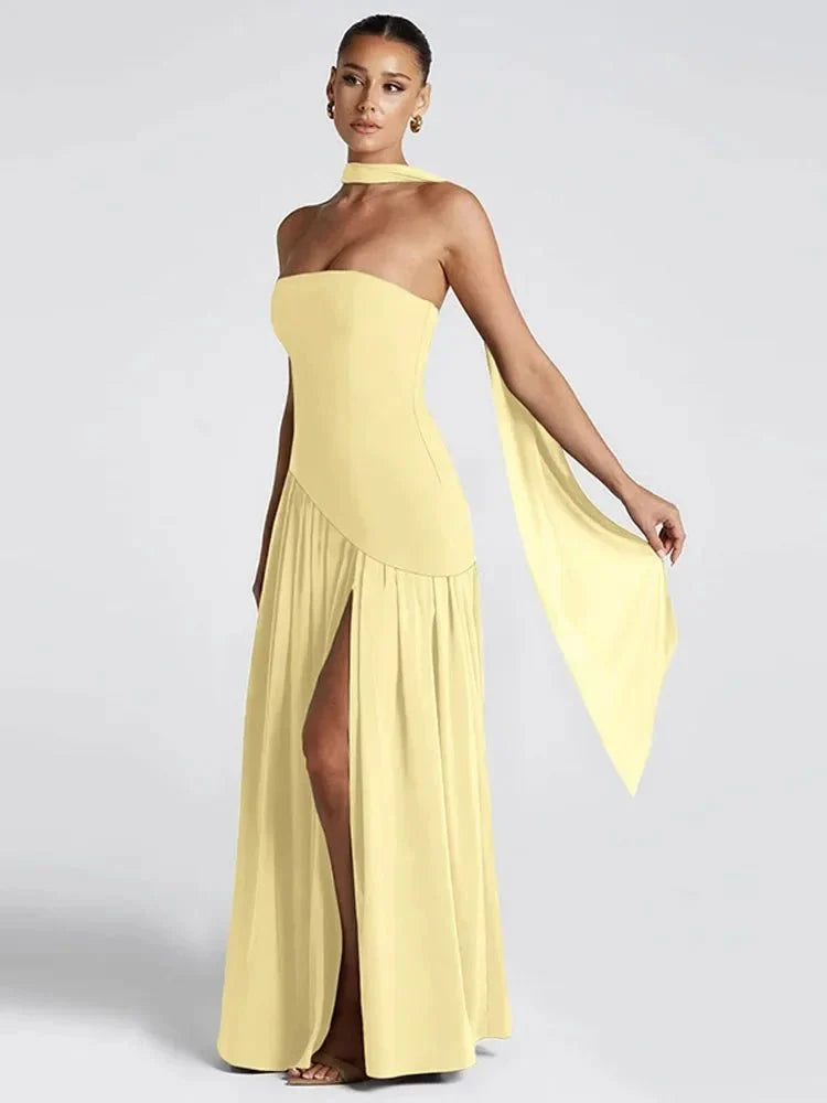 Women's Strapless Backless Maxi Dress with Ribbon Scarf - TrendLux Wear