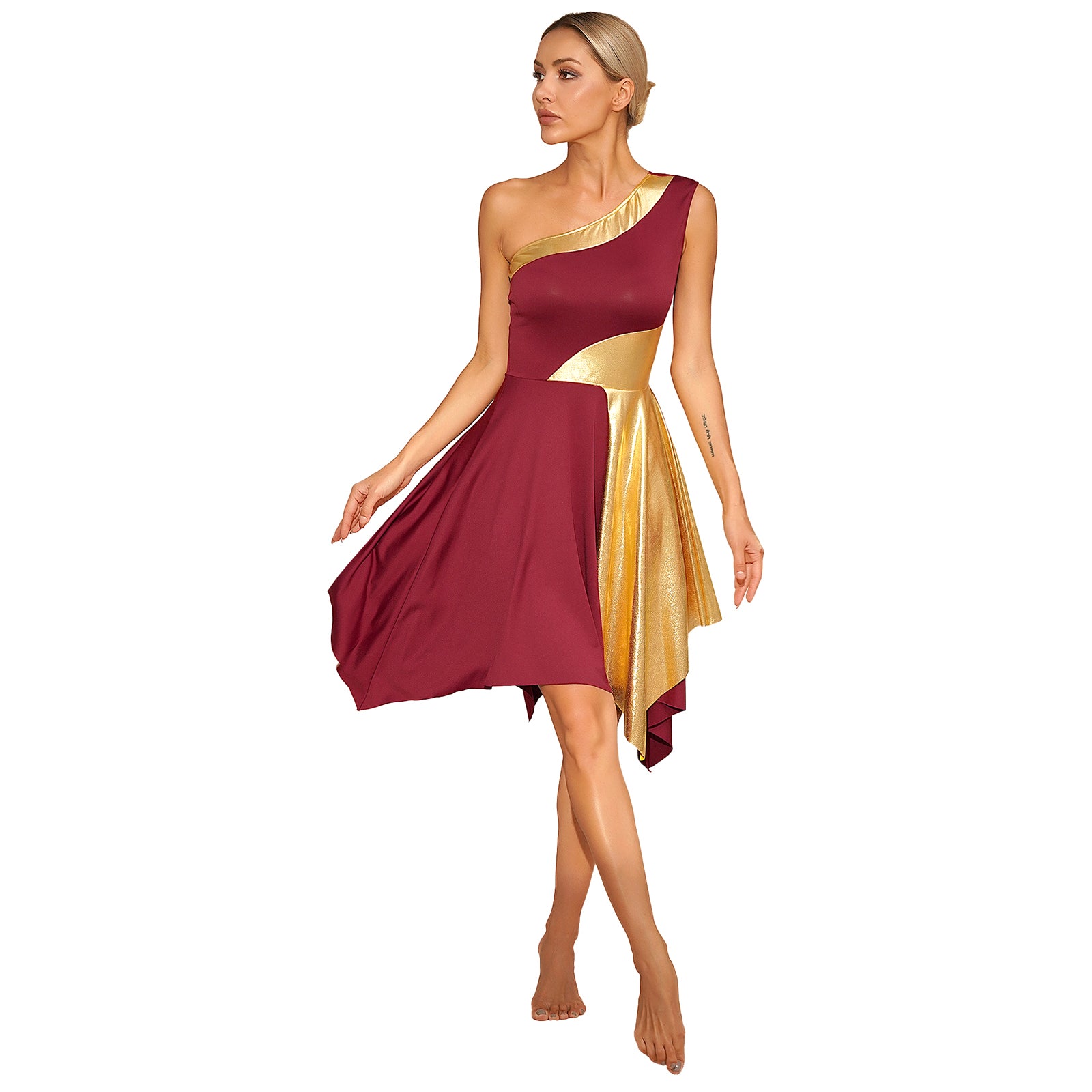 TrendLux Women's Polyester-Spandex One-Shoulder Metallic Lyrical Dance Worship Dress