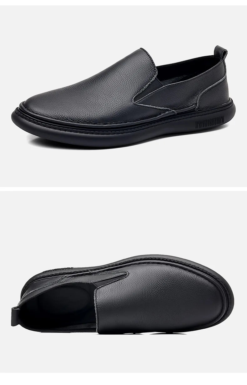 Men's genuine leather casual loafers by TrendLux Wear, breathable slip-on flat shoes in solid color, stylish and comfortable.