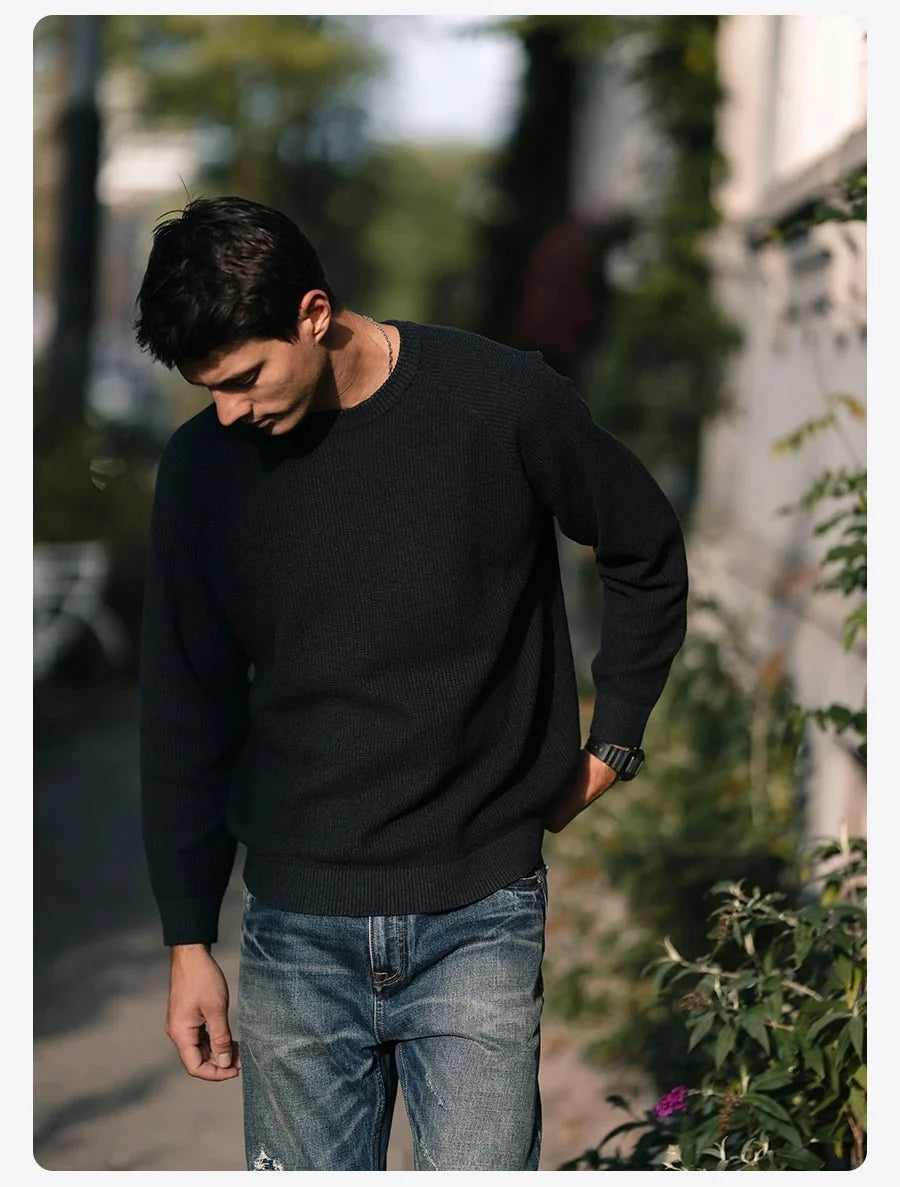Men's oversized waffle-knit crewneck sweater in Heather Denim Blue from TrendLux Wear, casual pullover with textured knit fabric.