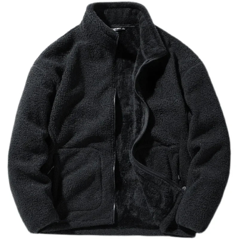 Men's loose fleece streetwear jacket with stand collar in plus sizes by TrendLux Wear, shown in black fabric.